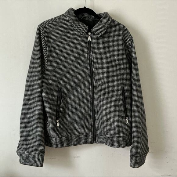 Women's L H&M Black White Wool Blend Houndstooth Tweed Jacket Zip-Up Bomber Coat - Picture 1 of 8